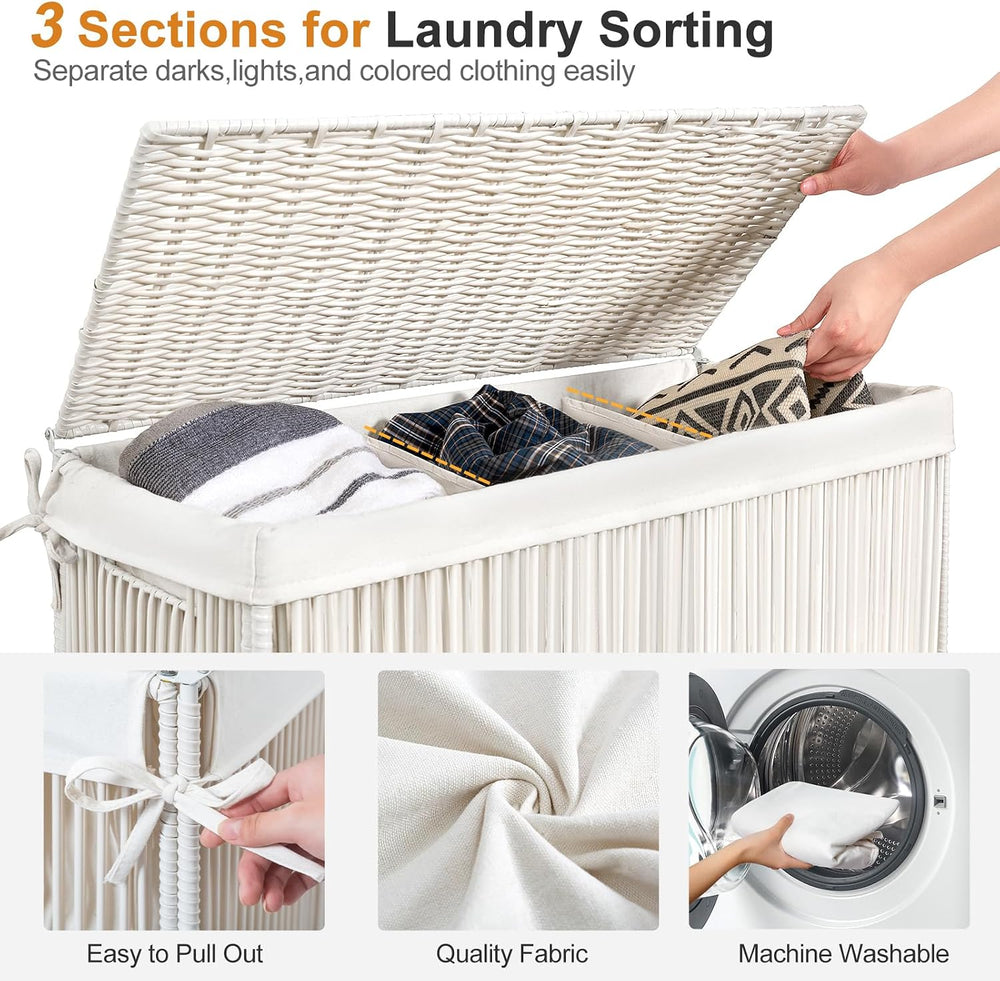 WOWLIVE Laundry Basket 3 Section, Handwoven Laundry Hamper with Wheels