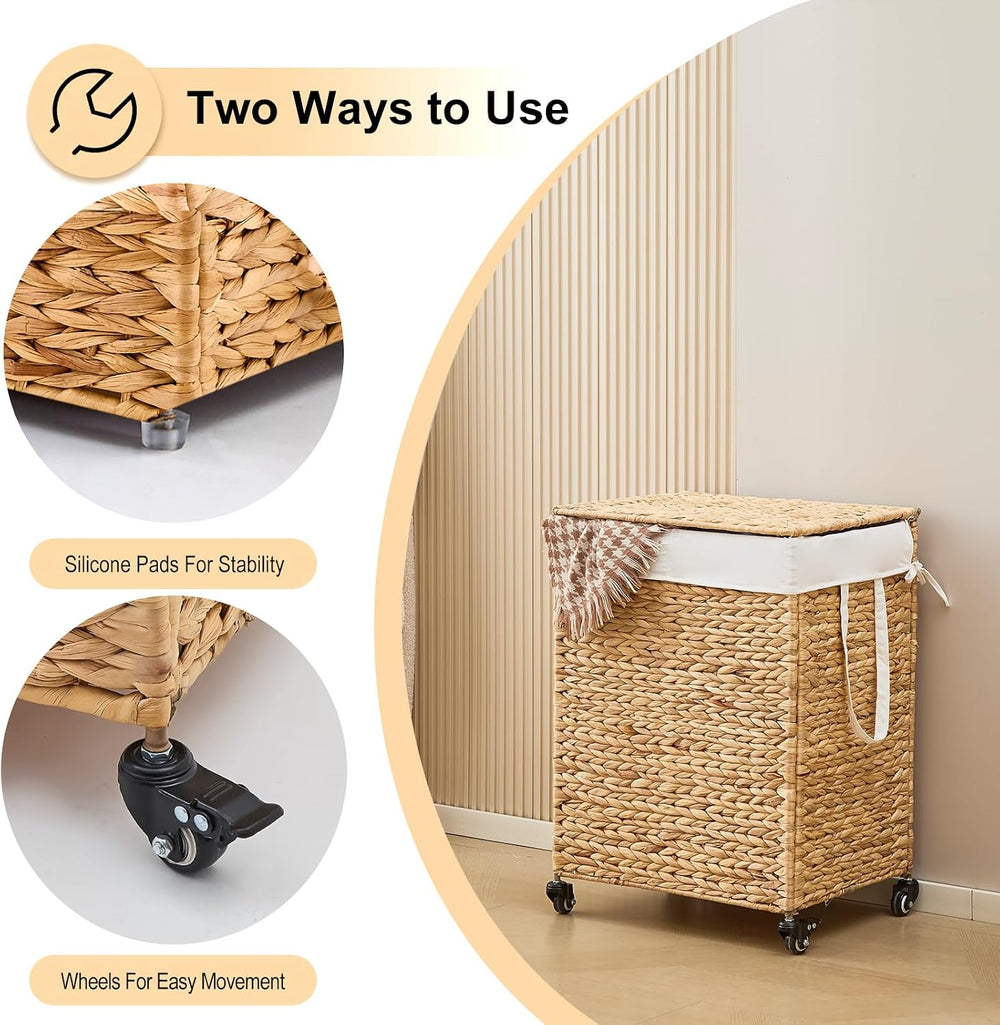 2-Section Laundry Hamper with Lid, Large Capacity Woven Natural Water Hyacint...