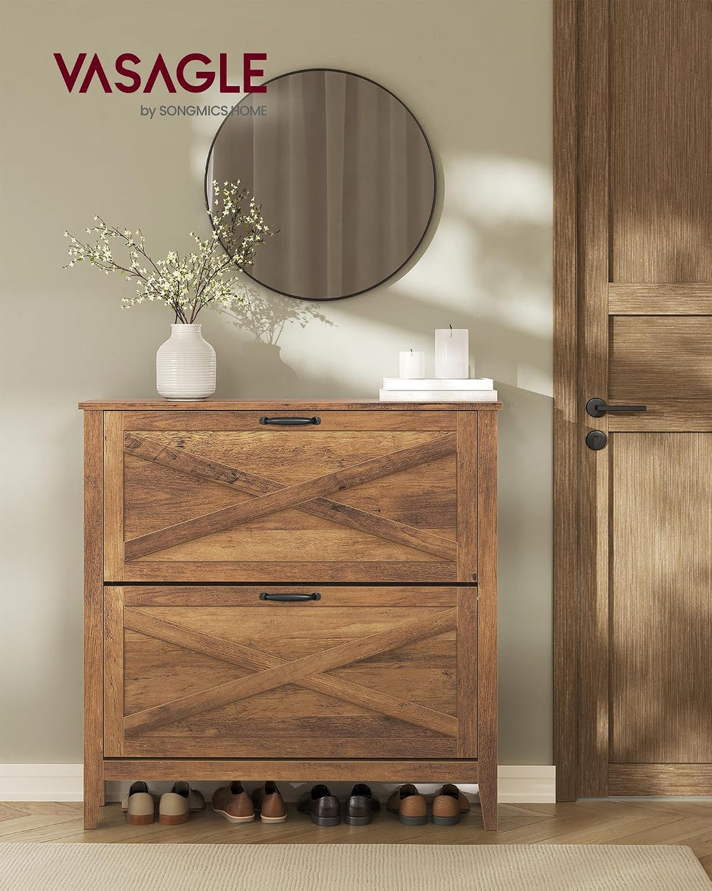 VASAGLE Farmhouse Shoe Cabinet, Narrow Storage Organizer, 2 Flip Drawers
