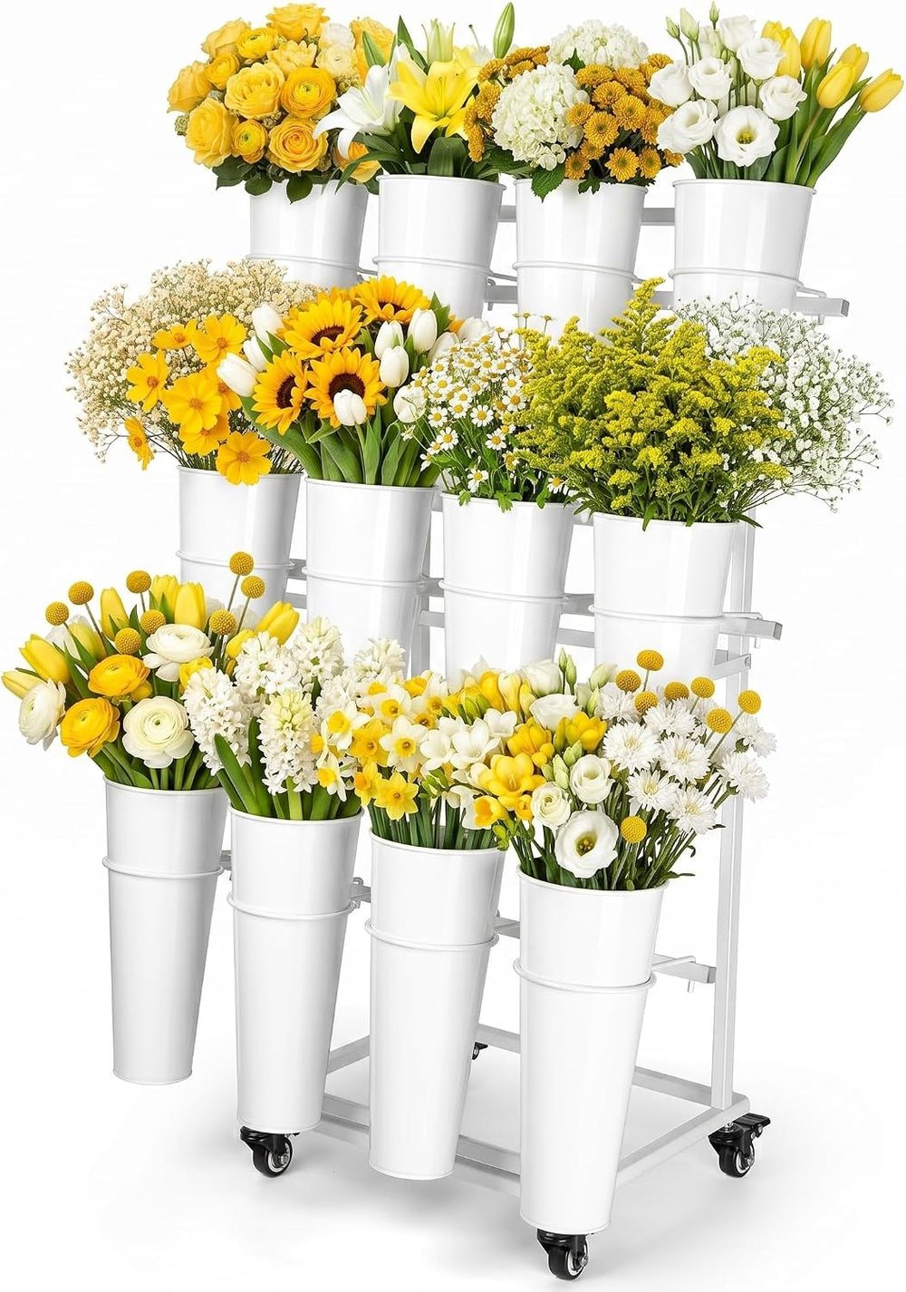 Flower Display Stand With 12 Buckets,3-Tier Flower Bar Stand with Wheels,Flow...