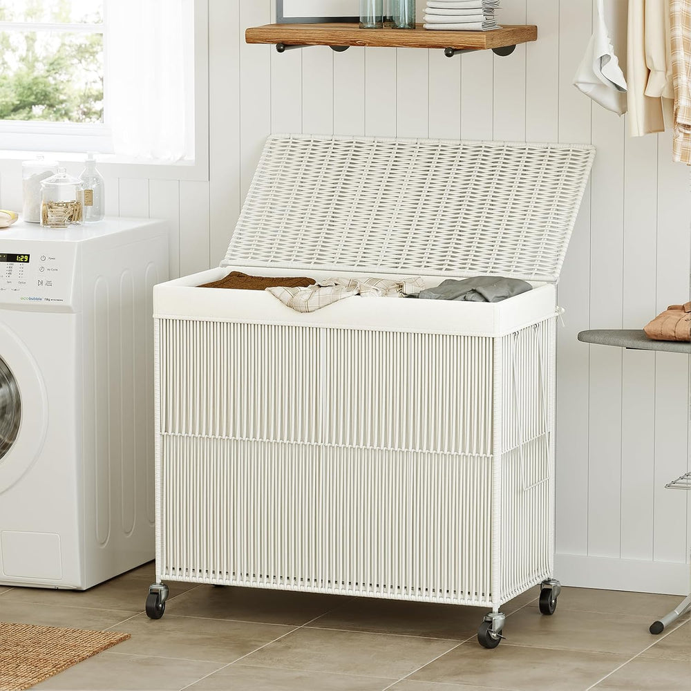 WOWLIVE Laundry Basket 3 Section, Handwoven Laundry Hamper with Wheels