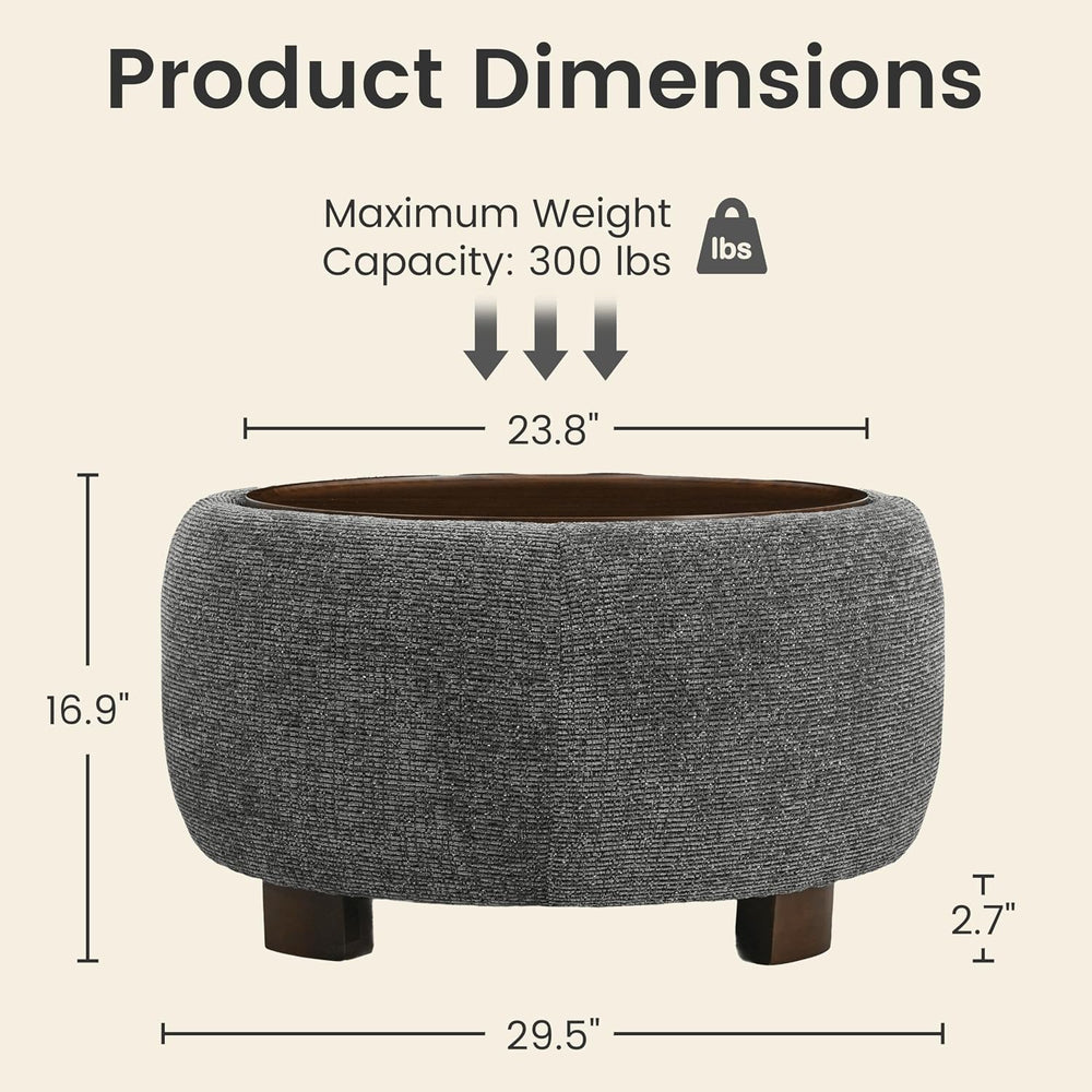 VKNOW 30 Inch Fabric Round Storage Ottoman with Wood Lift-Off Lid, Black