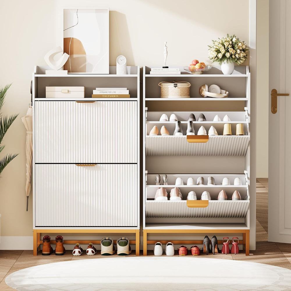 GarveeHome Fluted Shoe Cabinet Storage for Entryway, Wood Shoe Rack with 2 Fl...