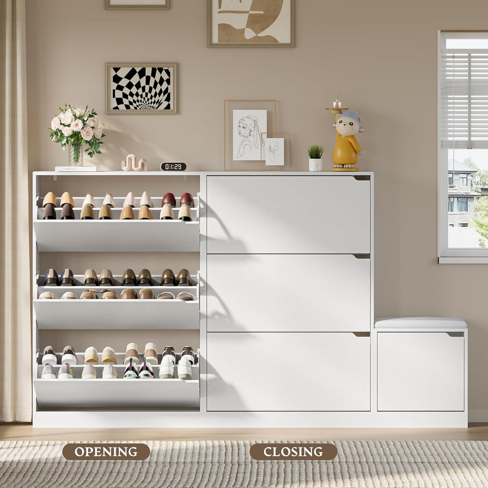 BORNOON Shoe Cabinet with Bench and 3 Flip Drawers, Slim Narrow Shoe Storage ...