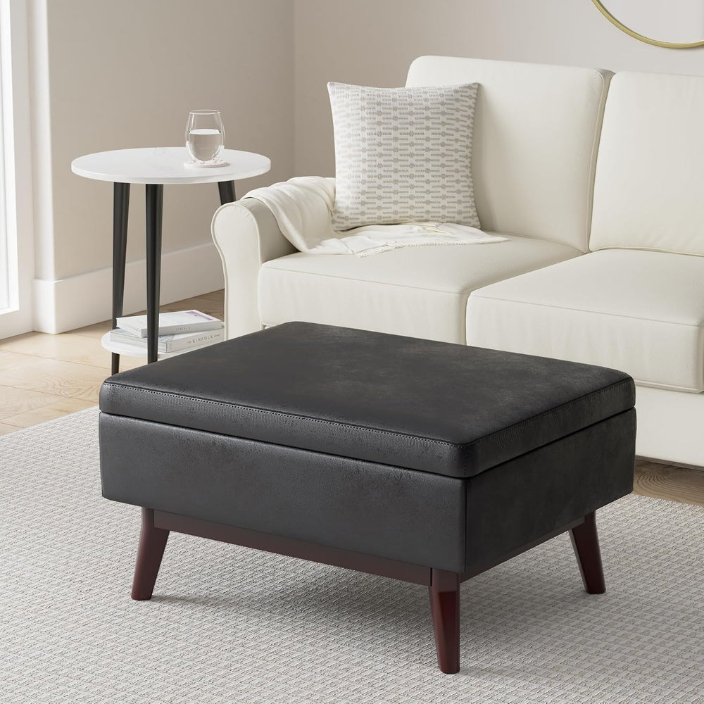 SIMPLIHOME Owen 34" Wide Vegan Leather Rectangle Lift Top Ottoman in Black