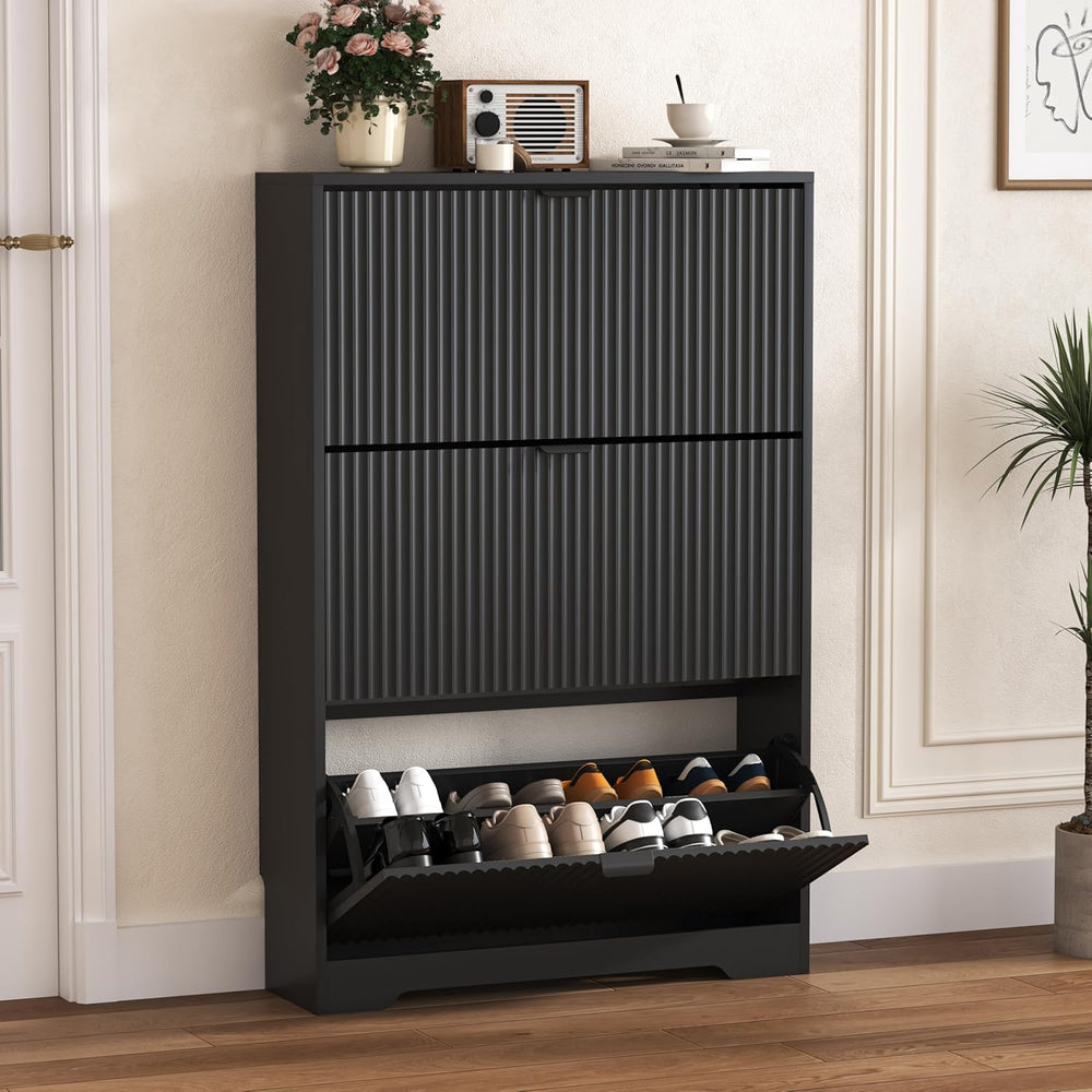 HUANLEGO Shoe Cabinet Storage for Entryway with 3 Flip Drawers, Black Fluted ...