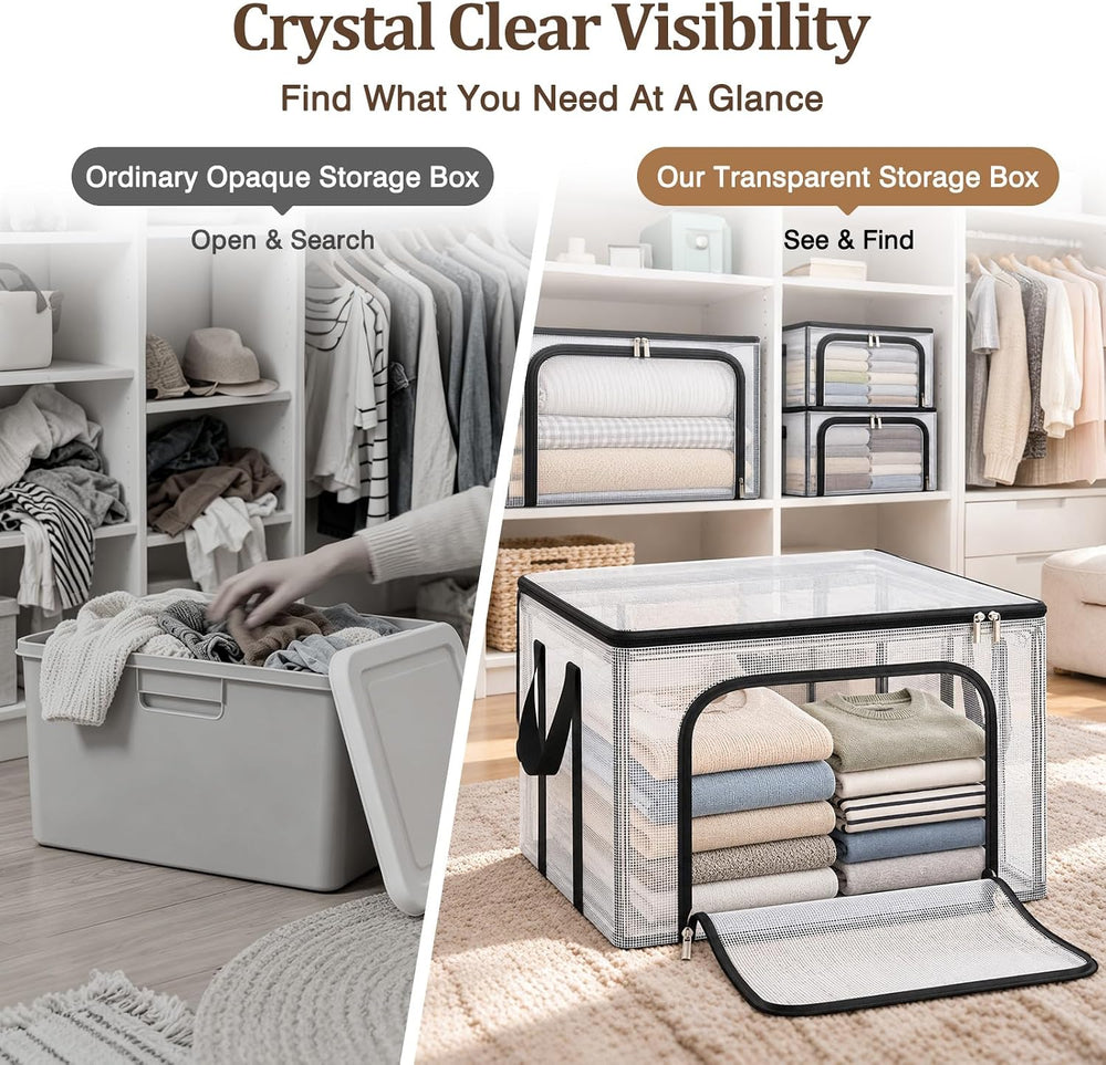 Clear Clothes Storage Bins with Metal Frame, Foldable Storage Boxes,3 Pack