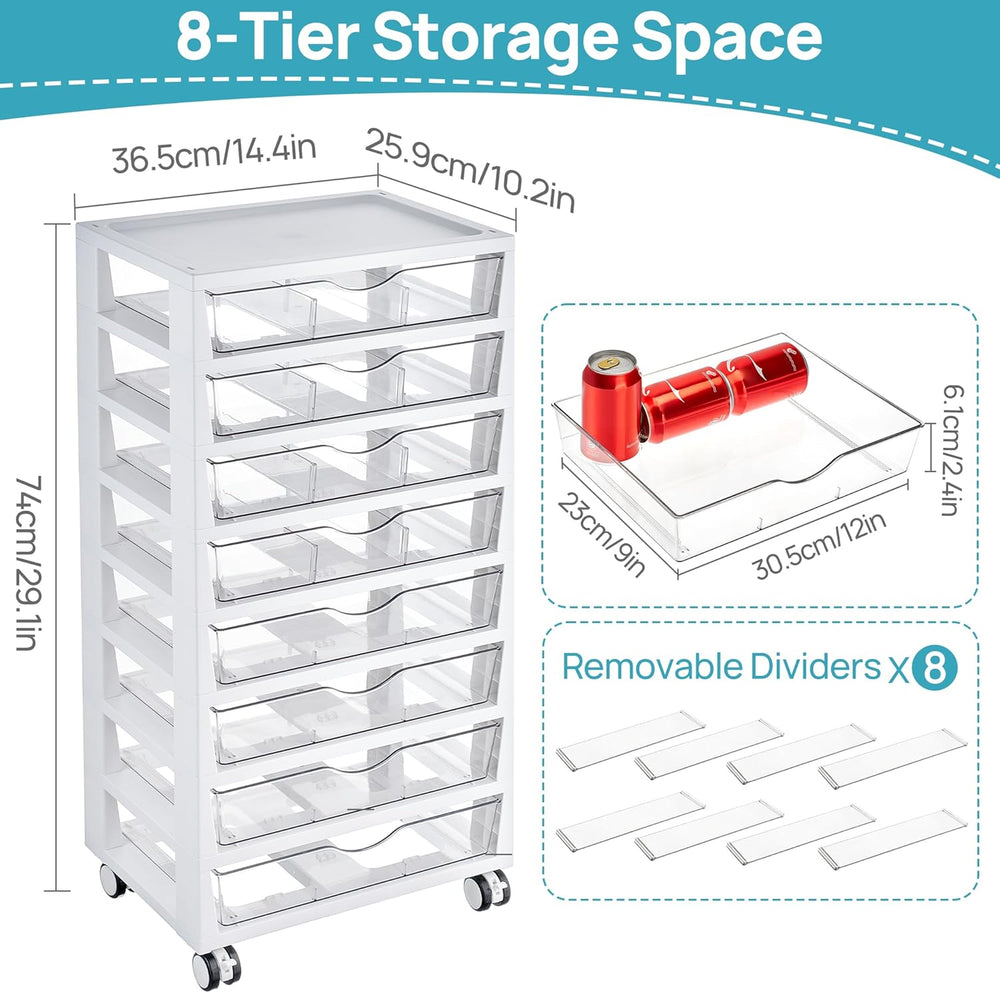 Vtopmart 8 Tier Rolling Cart with Drawers, Clear Plastic