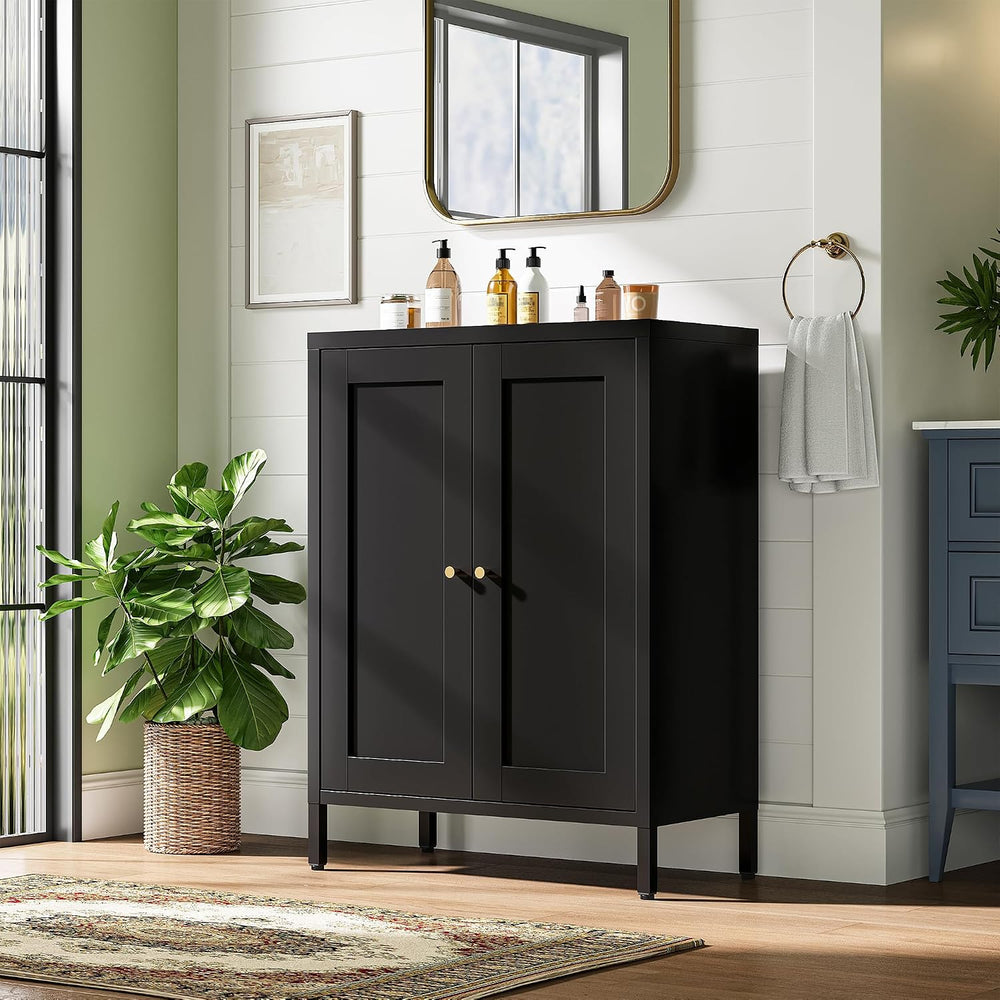 Bevivog Small Bathroom Storage Cabinet, Black Metal Locker Cabinet with 2 Doo...
