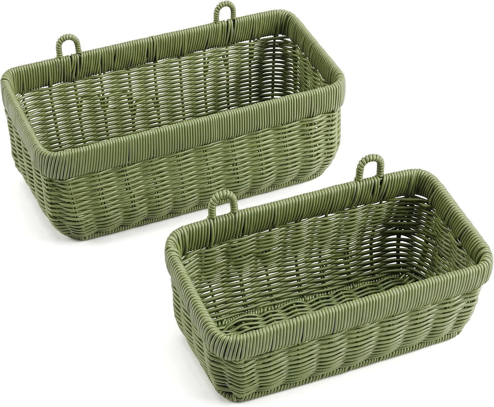 Wicker-Style Hanging Baskets, Wall Mounted Storage Organizer, Green