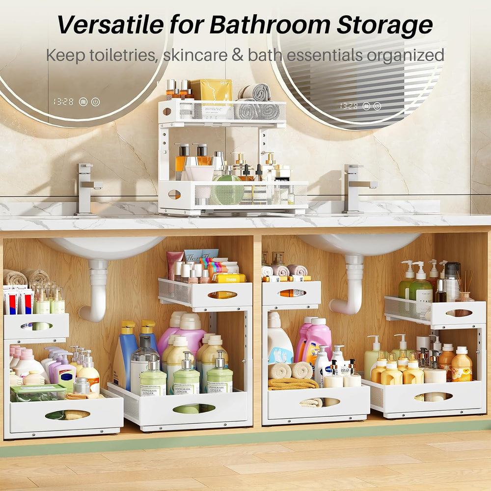 Under Sink Organizer, 2-Pack Pull Out Cabinet Organizer 2 Tier Metal Slide Ou...