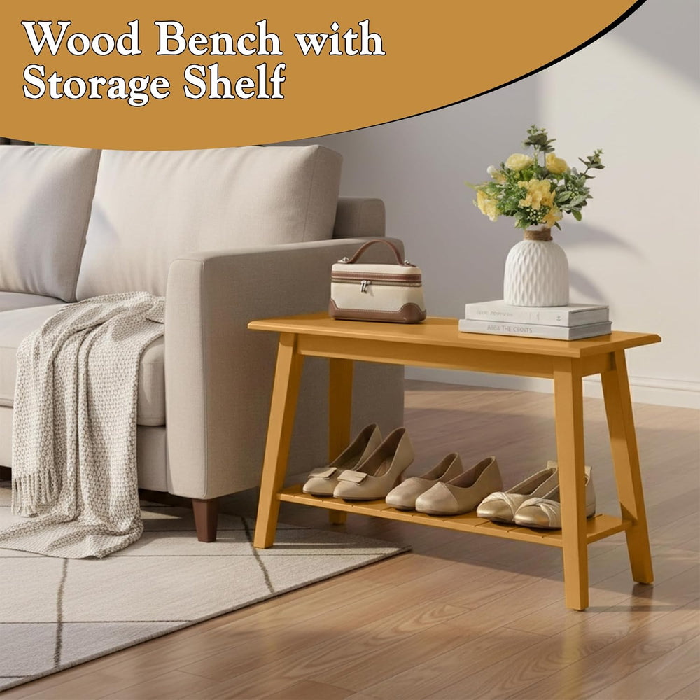 Kings Brand Wood Entryway Shoe Bench with Storage Shelf, Honey Mustard