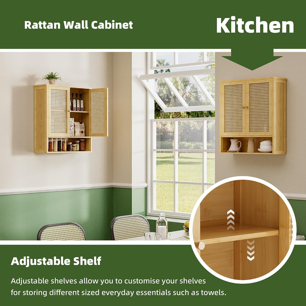Bathroom Wall Cabinet, Bamboo Over-The-Toilet Storage Organizer with 2 Rattan...