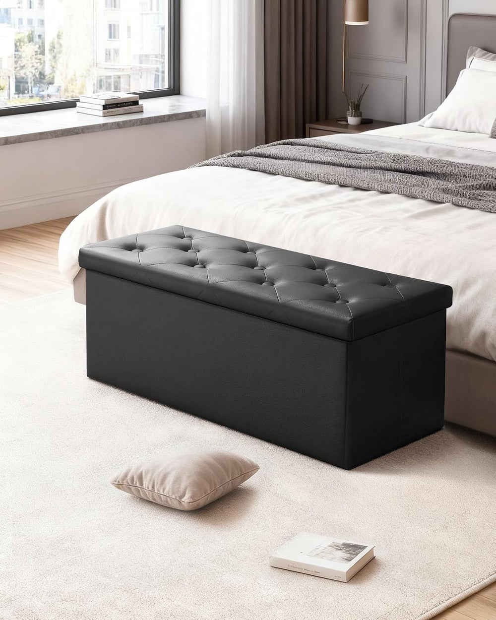 GLAXYFUR 43" Storage Ottoman Bench, Folding Ottoman with 2 Dividers, Black