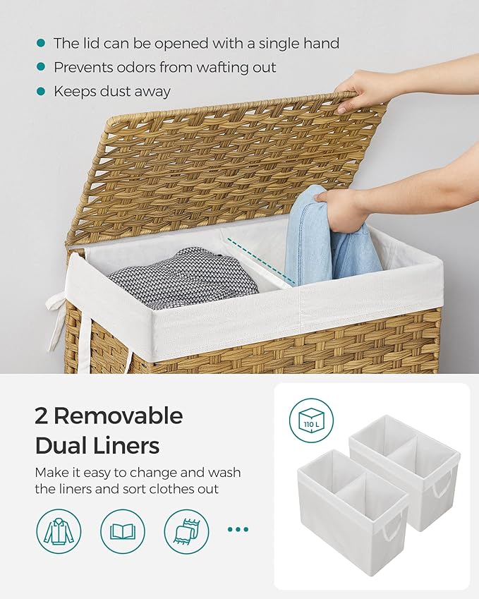SONGMICS Laundry Hamper with Lid, 110L Clothes Hamper with 2 Removable Liner