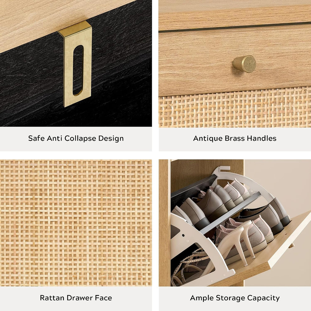 EYYTHUNG Rattan Shoe Cabinet Narrow Shoe Storage Cabinet with 3 Flip Drawers ...