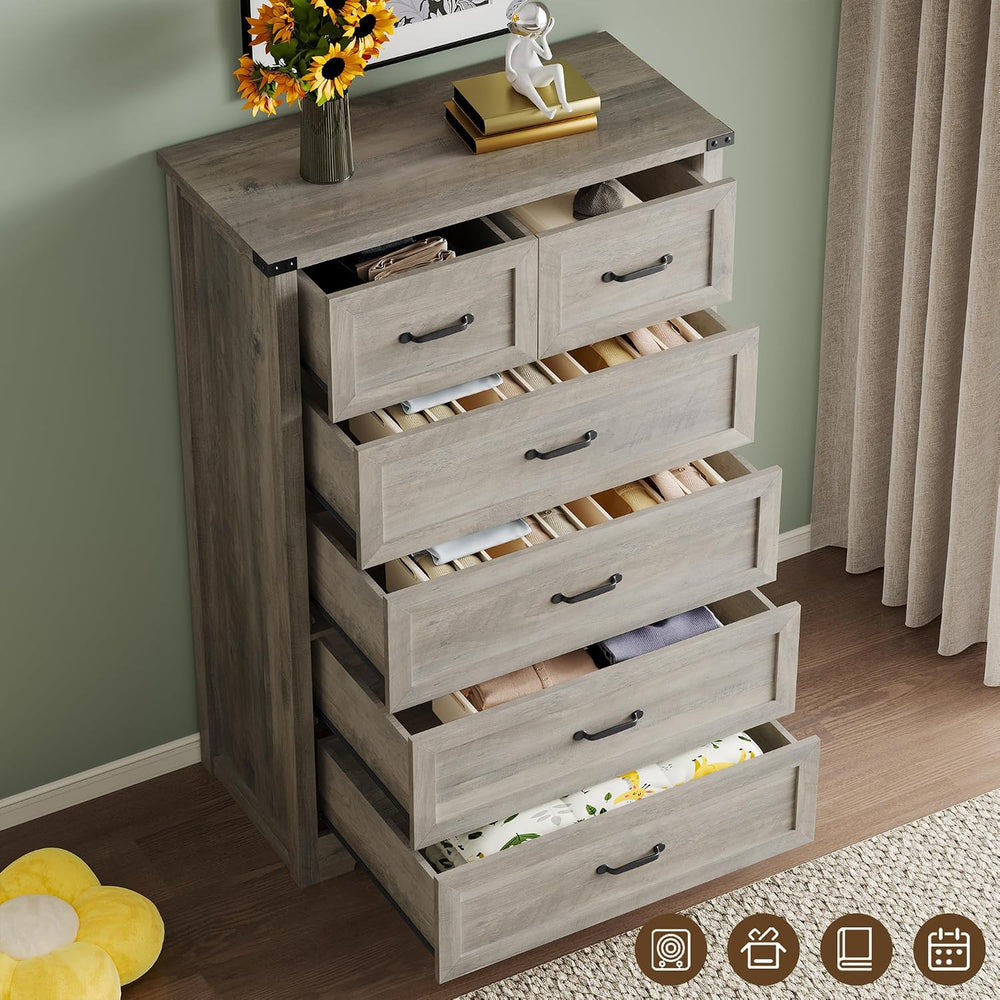 BORNOON Tall 6-Drawer Dresser for Bedroom, Modern Wooden Chest of Drawers wit...