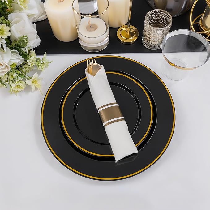 SUT 350 Pcs Black and Gold Plastic Dinnerware Set for 50 Guests, Include: 50 ...