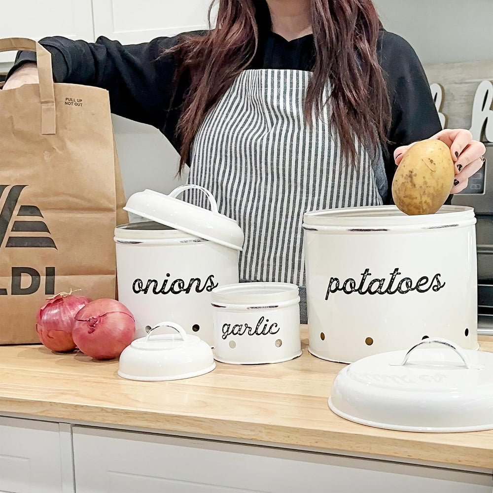 AuldHome Design Potatoes, Onions and Garlic Canister Set; Rustic White Enamel...