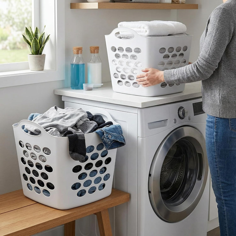 4-Pack Flexible Square Laundry Basket with Built-in Handles, White Plastic Cl...