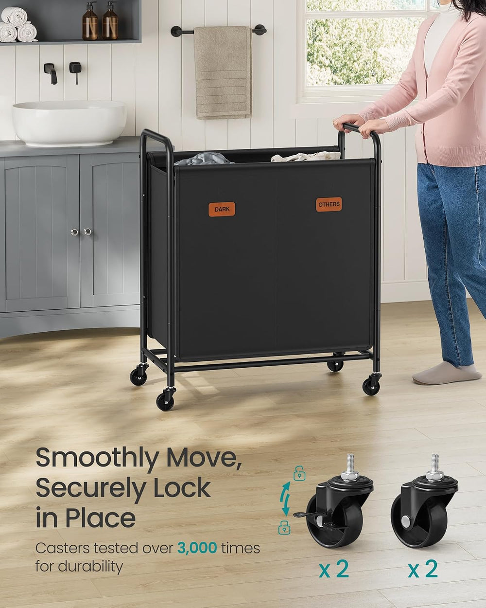 SONGMICS 2-Section Laundry Sorter, with Wheels, Removable Bags