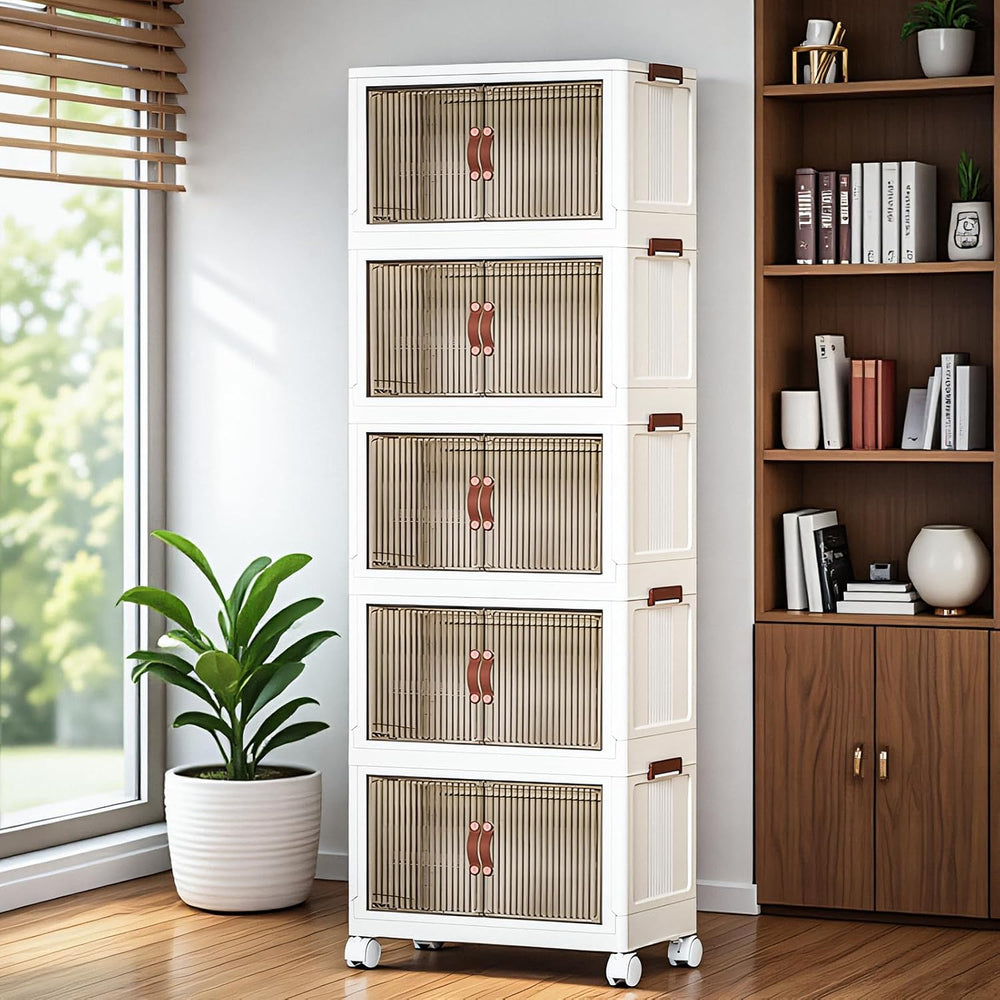 5 Tier Plastic Stackable Storage Bins and Boxes Organizer, Foldable Container...