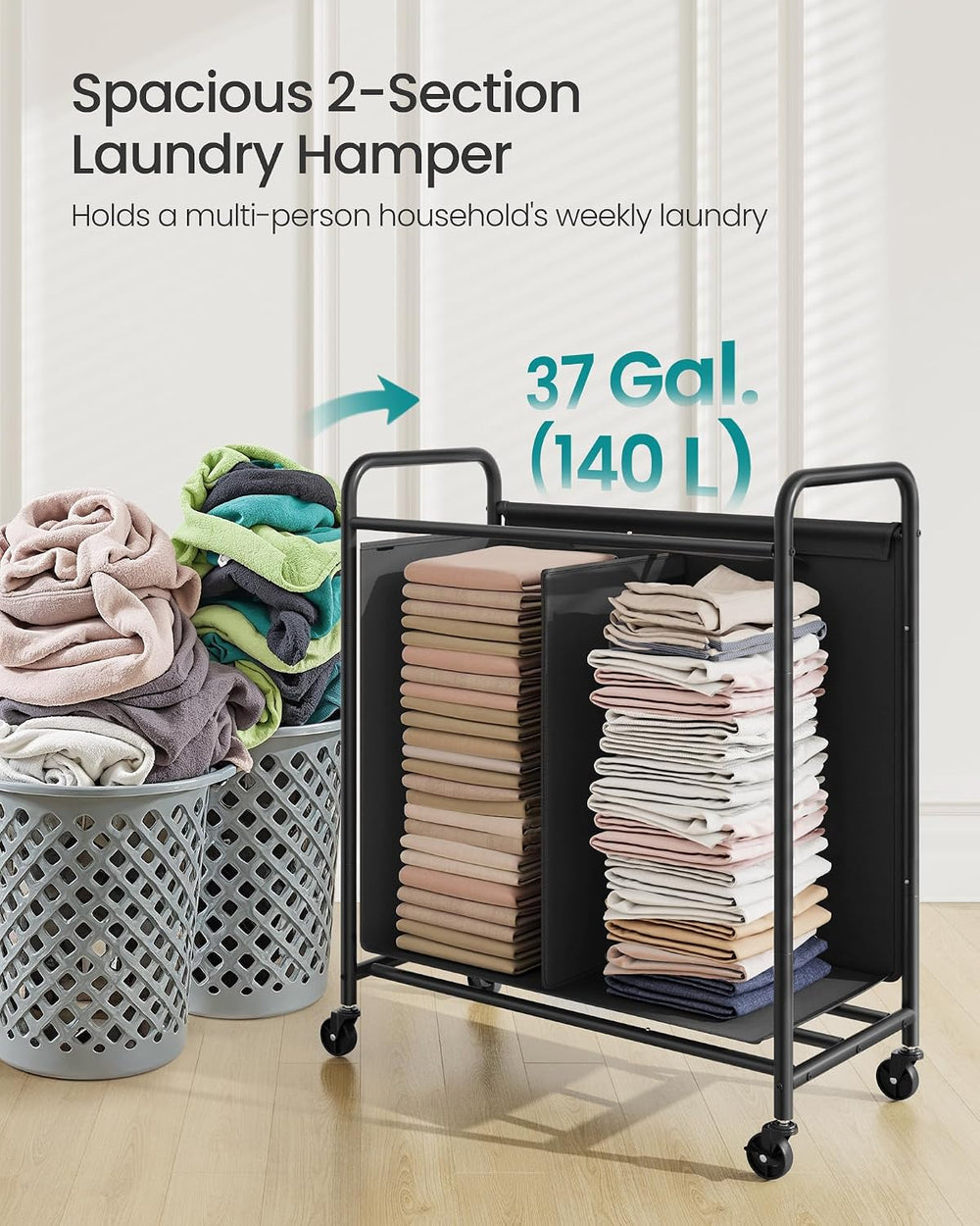 SONGMICS 2-Section Laundry Sorter, with Wheels, Removable Bags