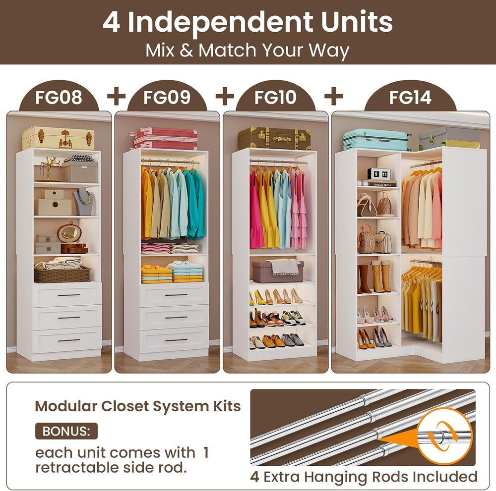Closet System with 6 Drawers, Corner Closet System with 15 Shelves & 8 Ha...