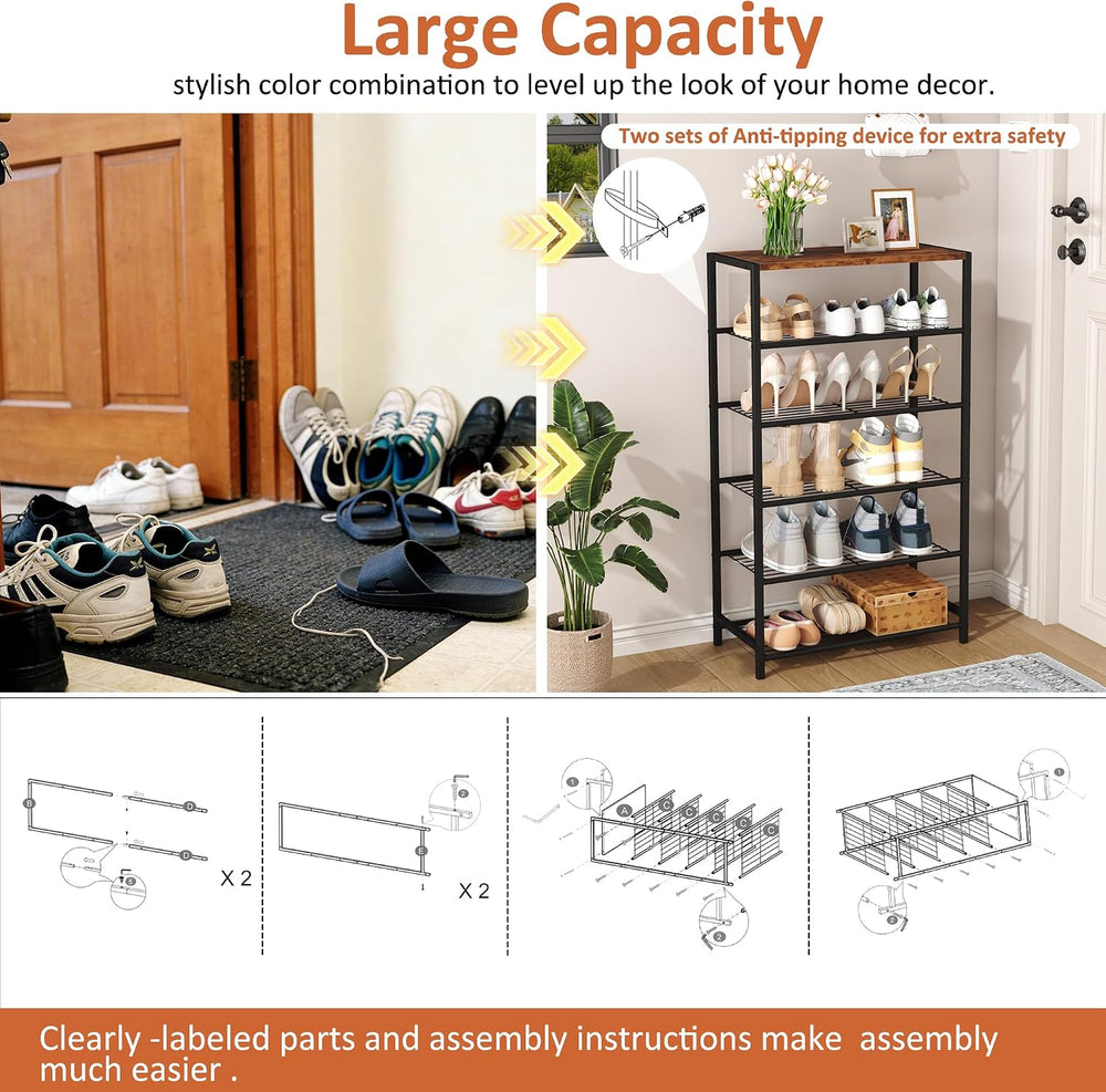 HOMEFORT Shoe Rack 6-Tier, Shoe Storage Shelf, Industrial Shoe Tower, Narrow ...