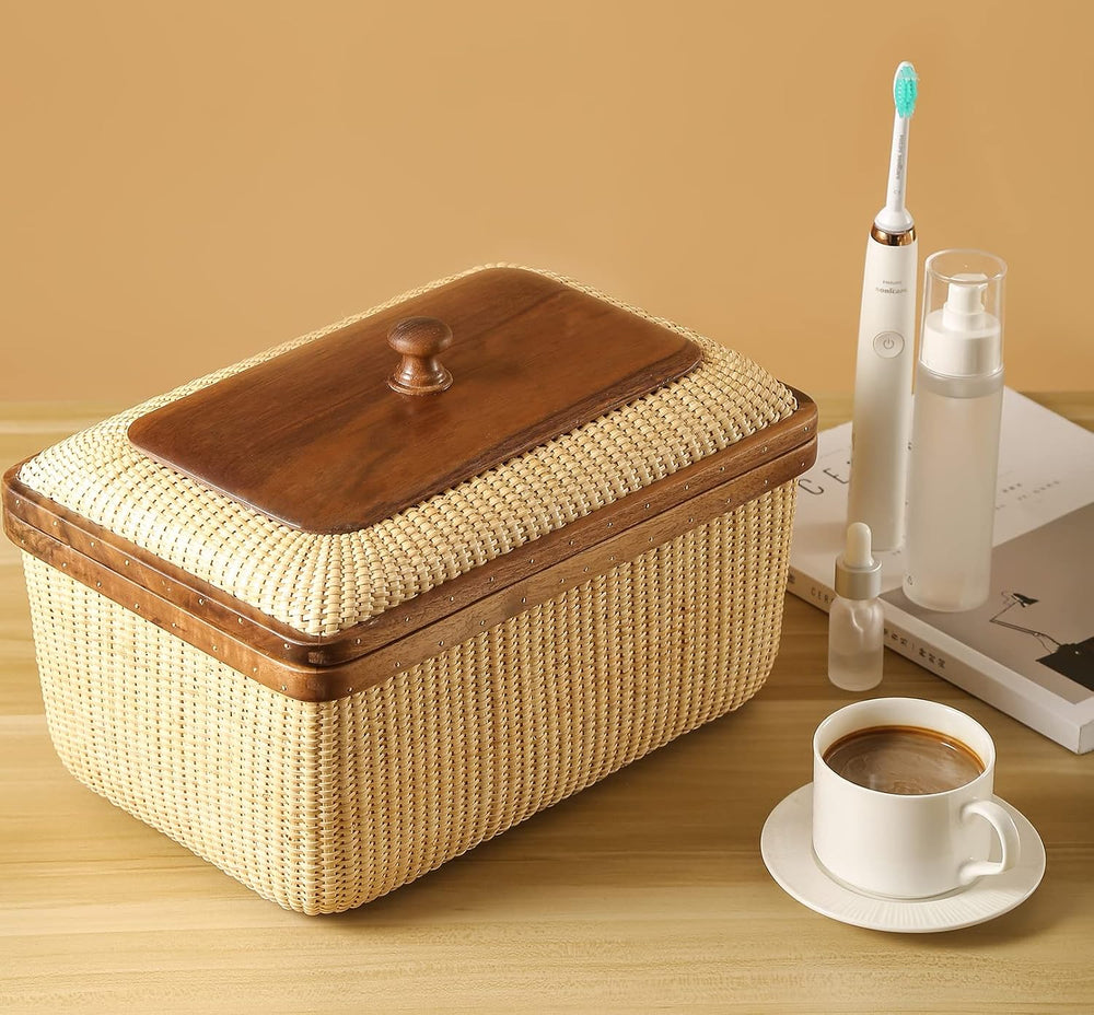 Rectangular Handmade Nantucket Basket with Lid, Natural Cane Weave Storage Ba...