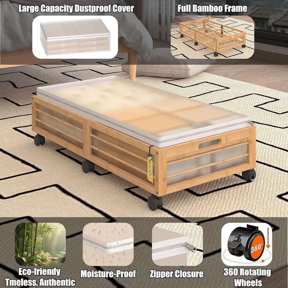 Underbed Storage with Wheels, 2 Pack Bamboo Containers for Shoes & Clothes