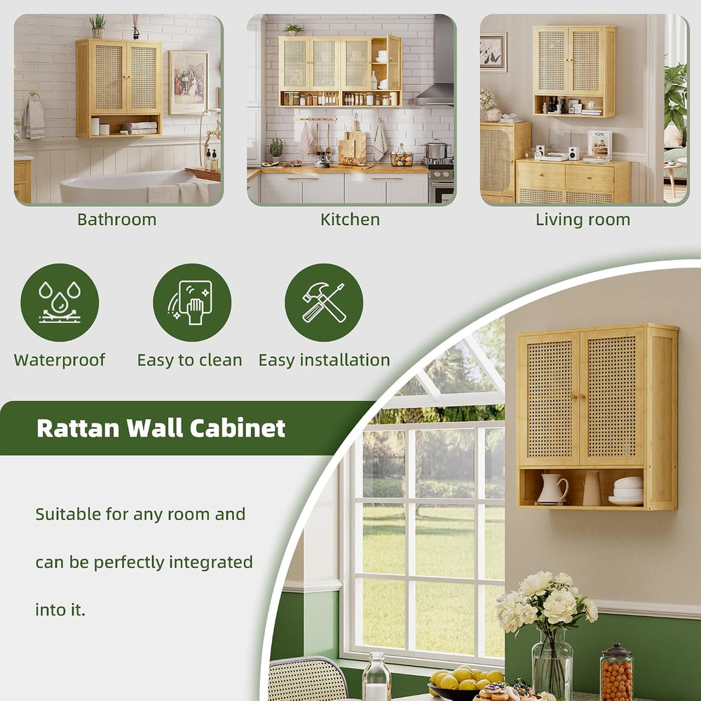 Bathroom Wall Cabinet, Bamboo Over-The-Toilet Storage Organizer with 2 Rattan...