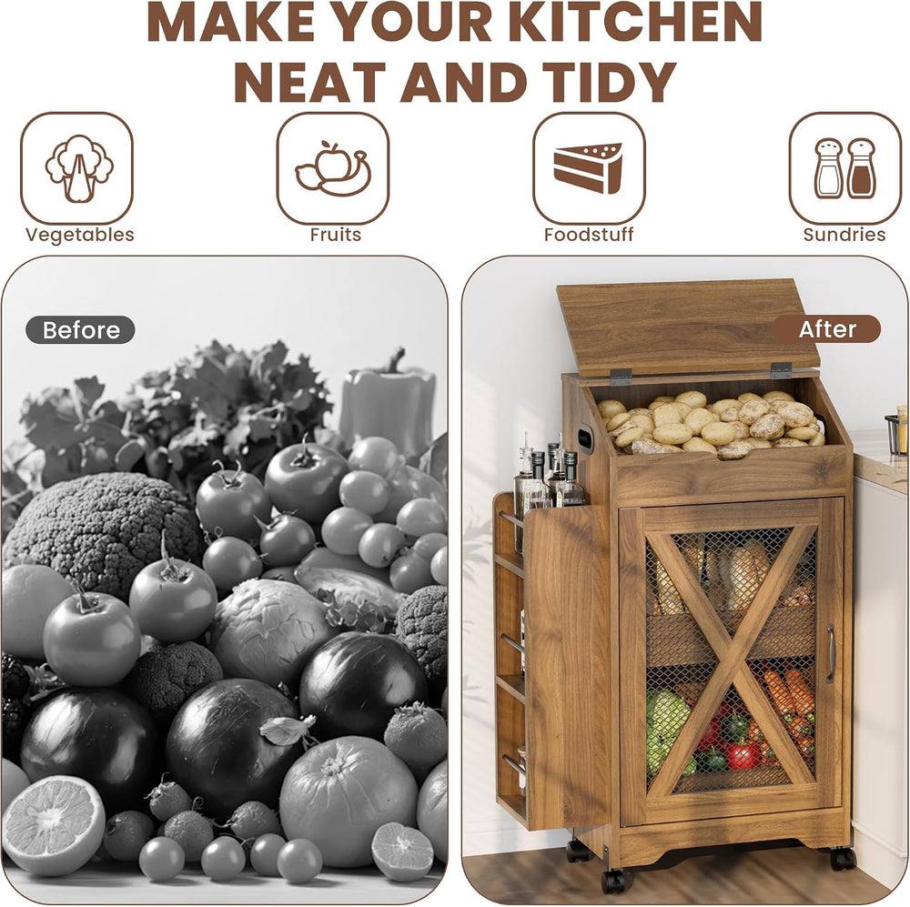 Potato and Onion Storage Bin, Movable Fruit and Vegetable Bin with Spice Rack...