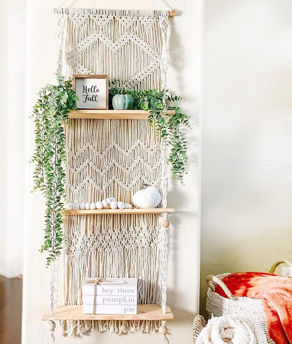 SnugLife Macrame Wall Hanging Shelf - 3 Tier Wall Plant Hanger Shelves with H...