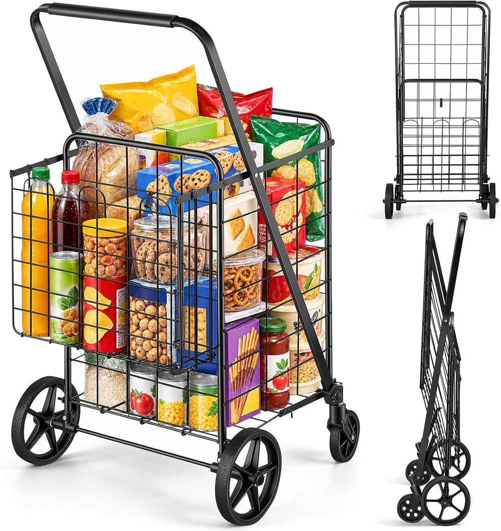 VEVOR Folding Shopping Cart Jumbo Grocery Utility Cart with Double Baskets