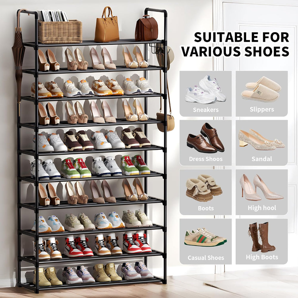 Shoe Rack, 10 Tier Shoe Storage Organizer with Hooks,Fit 40-45 Pairs Shoes,Me...