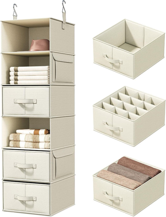 Vailando 6-Shelf Hanging Closet Organizer with 3 Fabric Drawers, Beige