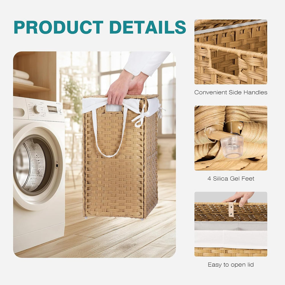 DUMOS Laundry Basket with Lid, 90L Wicker Laundry Hampers, Goose Yellow