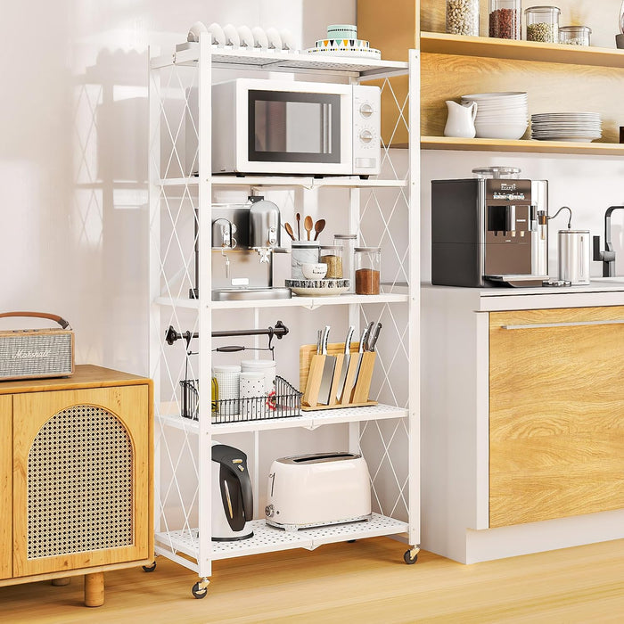 5-Tier Folding Metal Storage Rack - 63" Heavy-Duty Steel Frame with Wheels, No Assembly Utility Organizer, Rolling Shelving Unit for Kitchen, Garage, Pantry, Bedroom (White, 5 Tier)