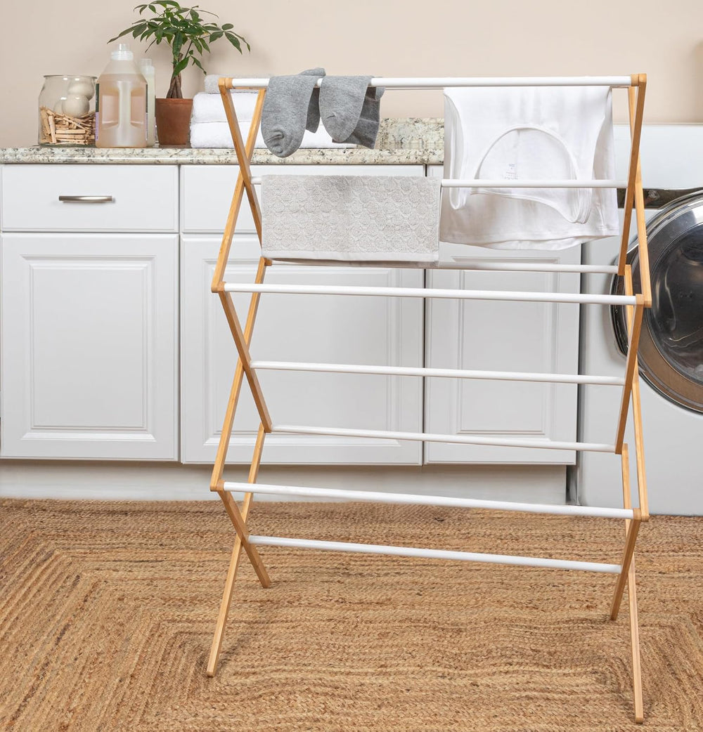 Household Essentials Bamboo Folding Clothes Drying Rack | White Finish, 11 Do...