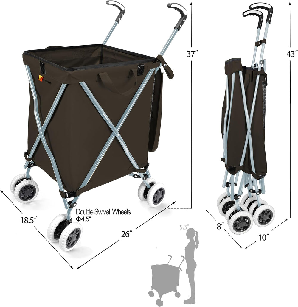 Wellmax Folding Shopping Cart with Canvas Bag & Cover, Holds 120 lb, Black