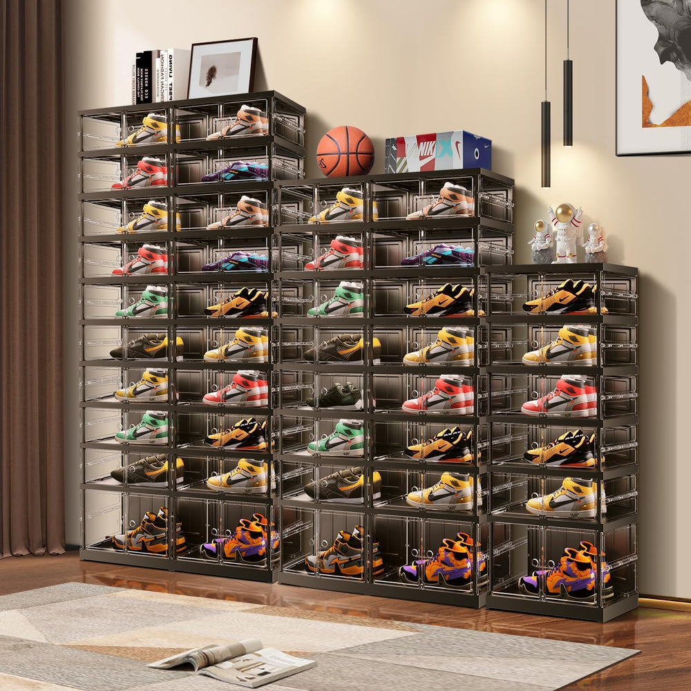 EHAMILY 3-Tier Foldable Shoe Rack, Magnetic Clear Doors, 12 Pairs, Black