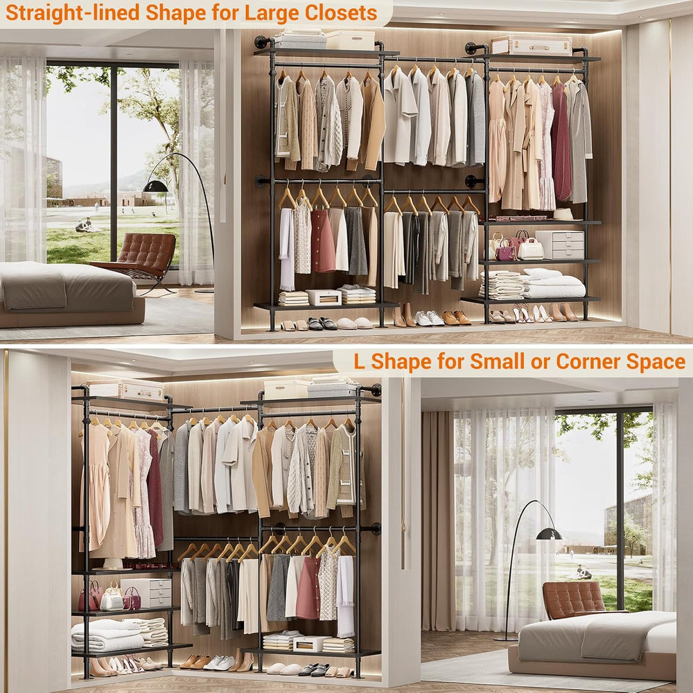 Aheaplus Industrial Pipe Clothing Rack, Expandable Garment Rack, Closet Syste...