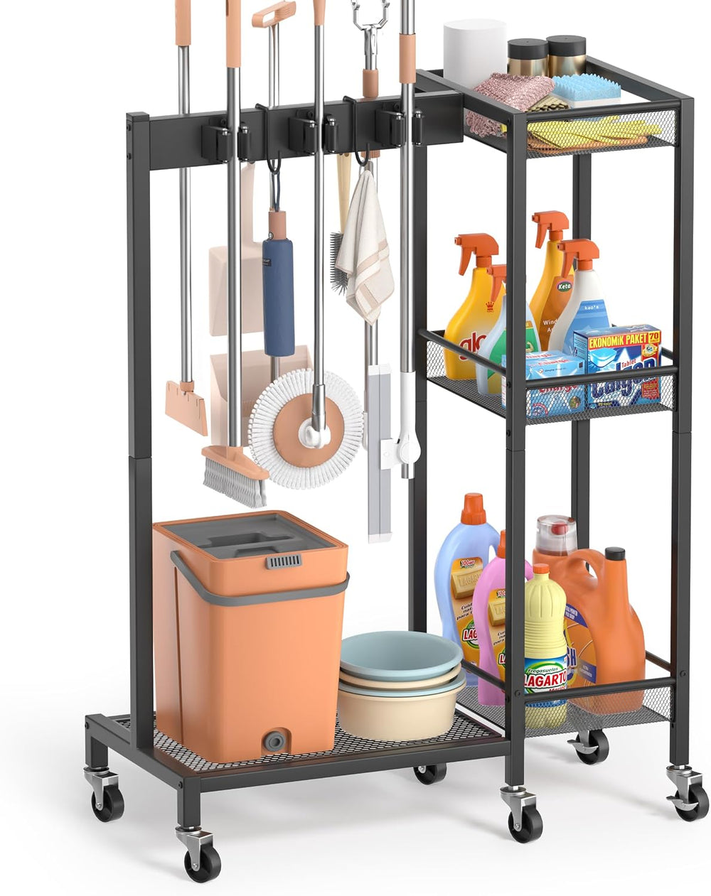 Broom Holder with Cleaning Supplies Organizer, Broom Closet Storage Cabinet w...