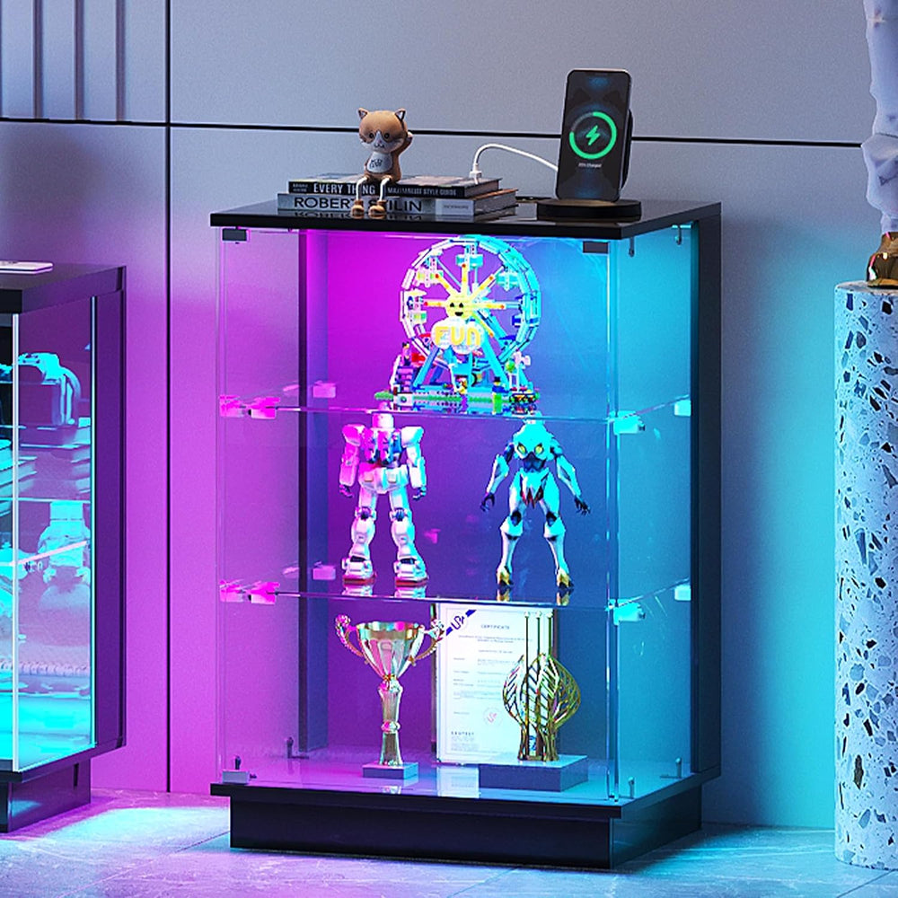 HNEBC Glass Display Cabinet with USB Charging Station&LED Lights,Black