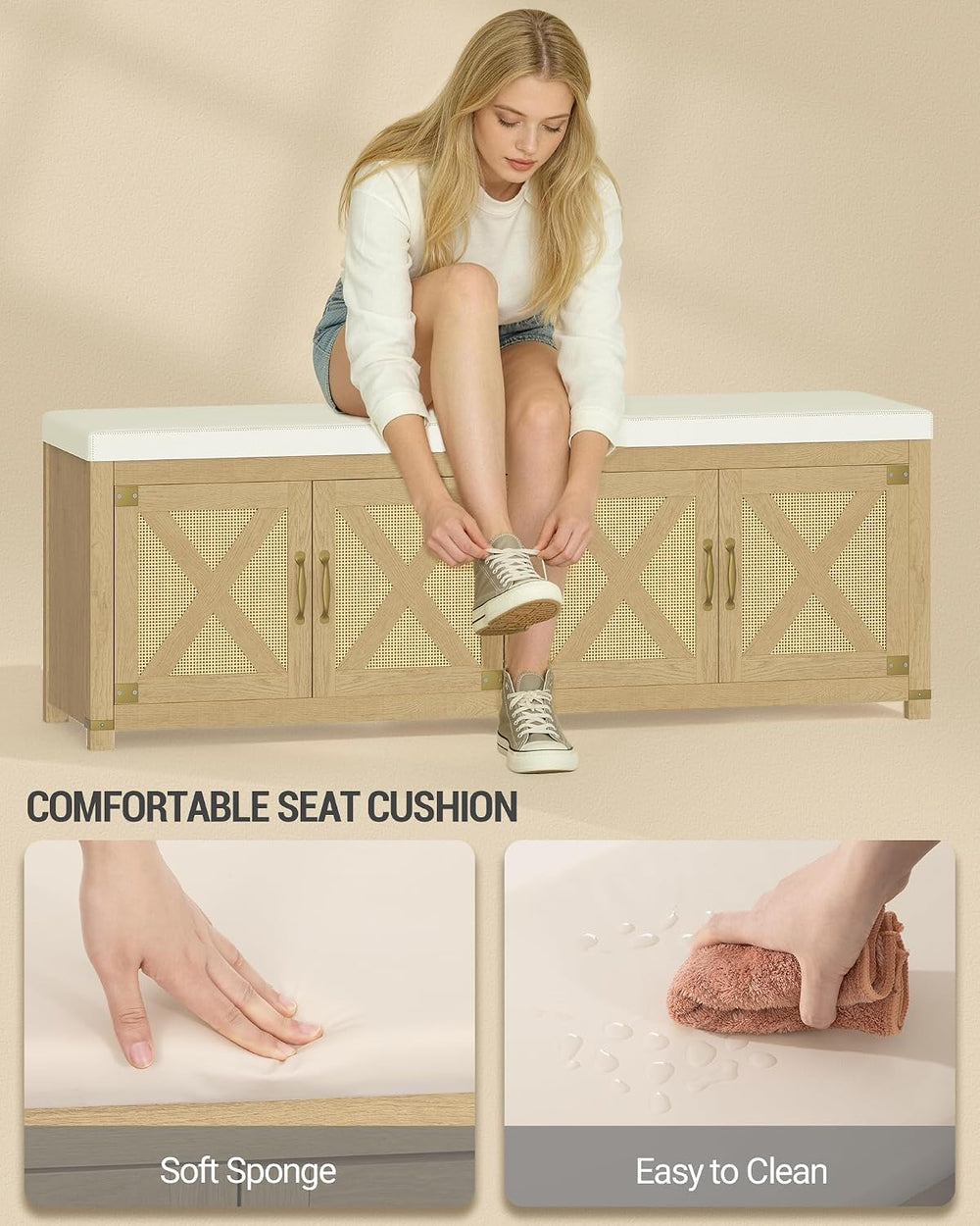 Hzuaneri 59" Shoe Storage Bench, with Soft Padded Seat Cushion & Doors