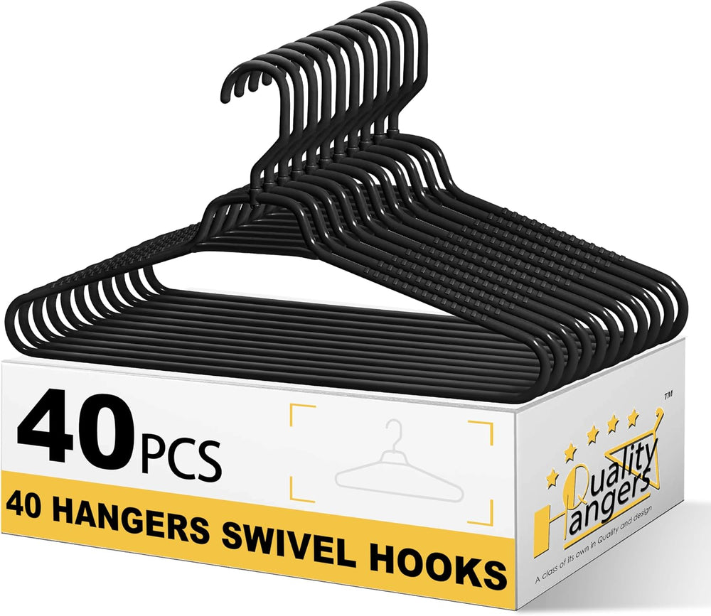 Quality Hangers Heavy Duty Black Plastic Hangers 40-Pack with Swivel Hook | 7...