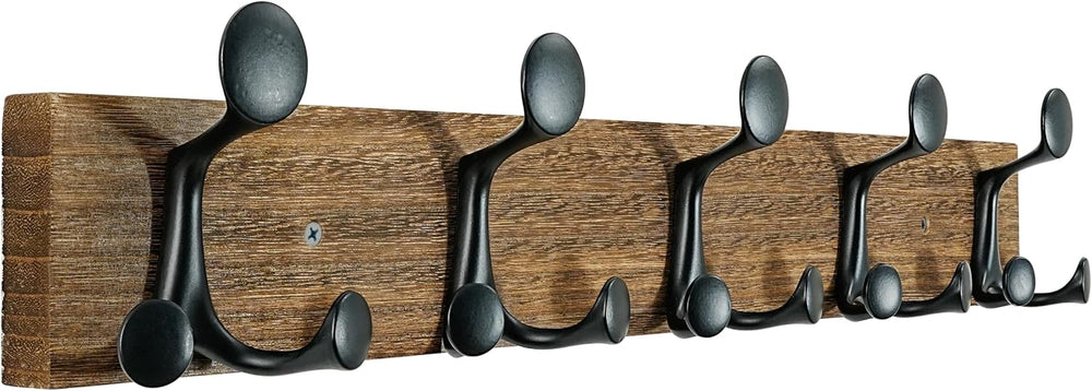 SKOLOO 24-Inch Wood Burnt Coat Rack Wall Mount with 5 Triple Hooks - Ideal fo...
