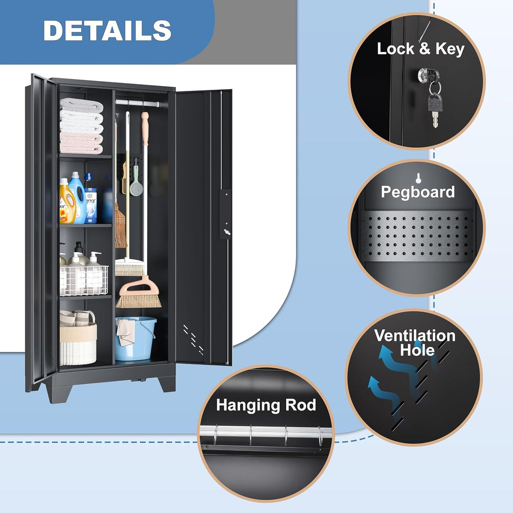 61" Broom Closet Storage Cabinet, Metal Garage Utility Cabinets