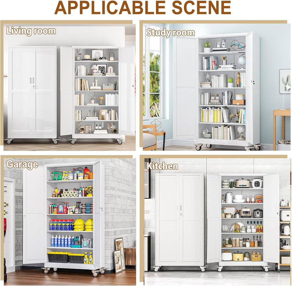 79" H Metal Pantry Storage Locker Cabinet with Wheels,Rolling Kitchen Pa...